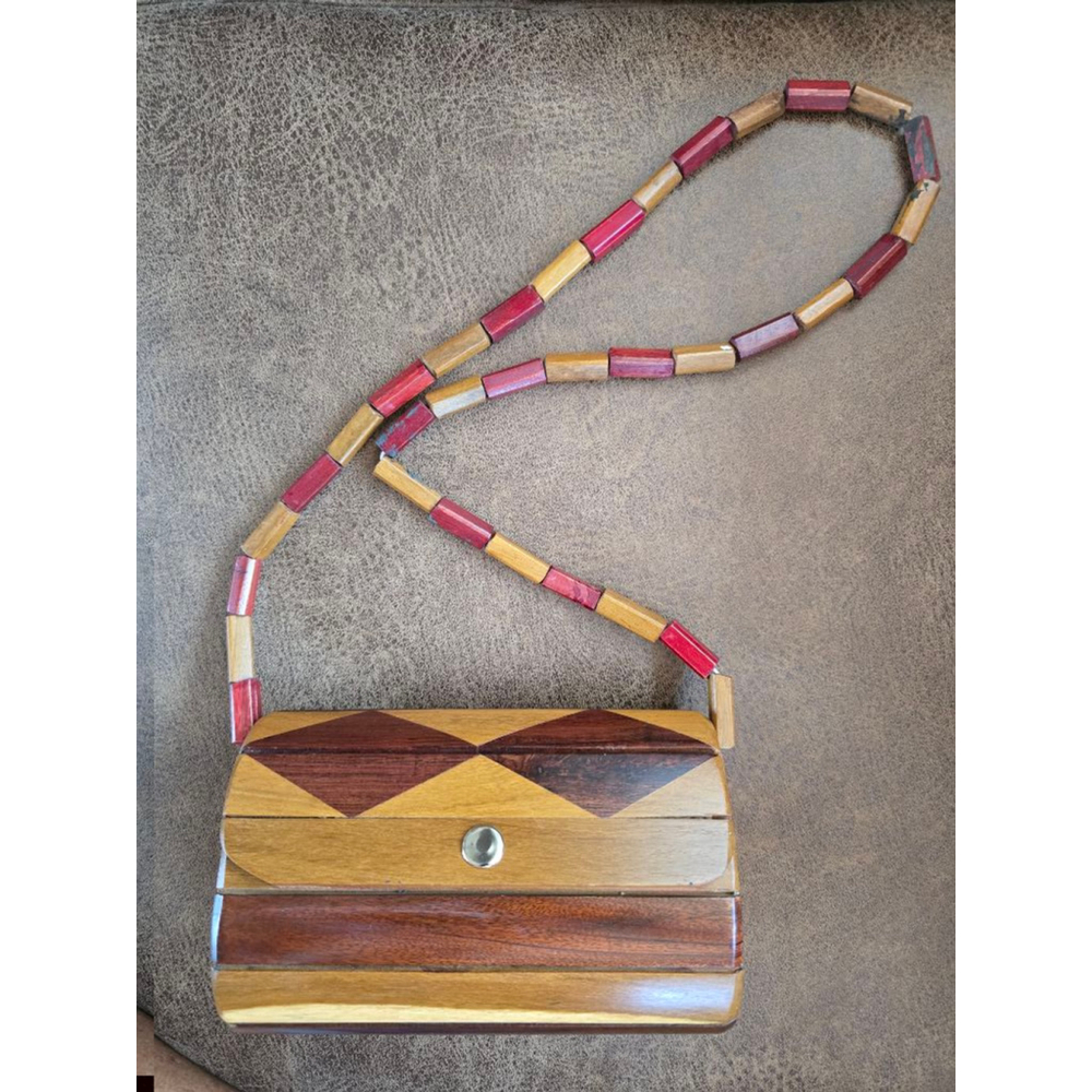 Wood Slats With Inlay Handbag Purse Brown Red Shoulde Bag - Picture 1 of 4